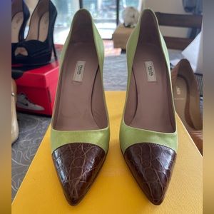 Prada Women’s shoes Green Silk and Leather Croc Toe